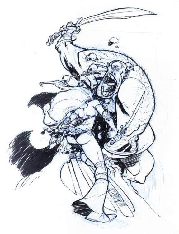 Eric Canete - Red Sonja and Cyclope, illustration originale