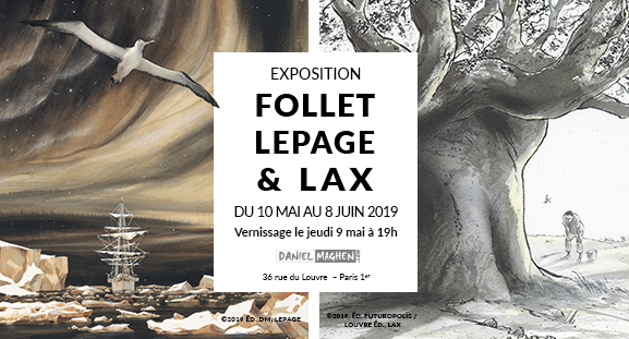La galerie Daniel Maghen a le plaisir de pr�senter une exposition d�di�e � Ren� Follet, Emmanuel Lepage et Christian Lax, du 10 mai au 8 juin 2019.